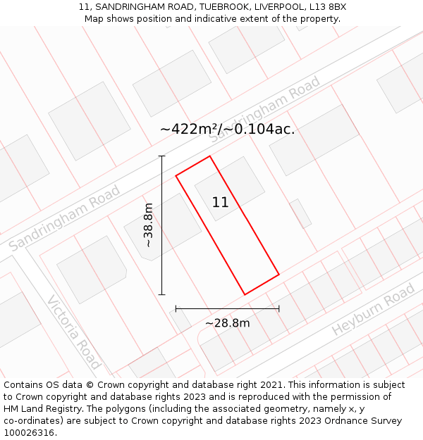 11, SANDRINGHAM ROAD, TUEBROOK, LIVERPOOL, L13 8BX: Plot and title map