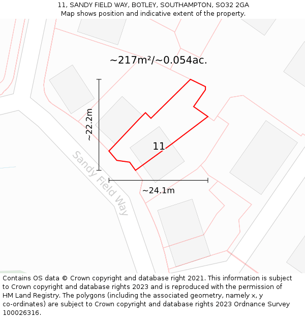 11, SANDY FIELD WAY, BOTLEY, SOUTHAMPTON, SO32 2GA: Plot and title map