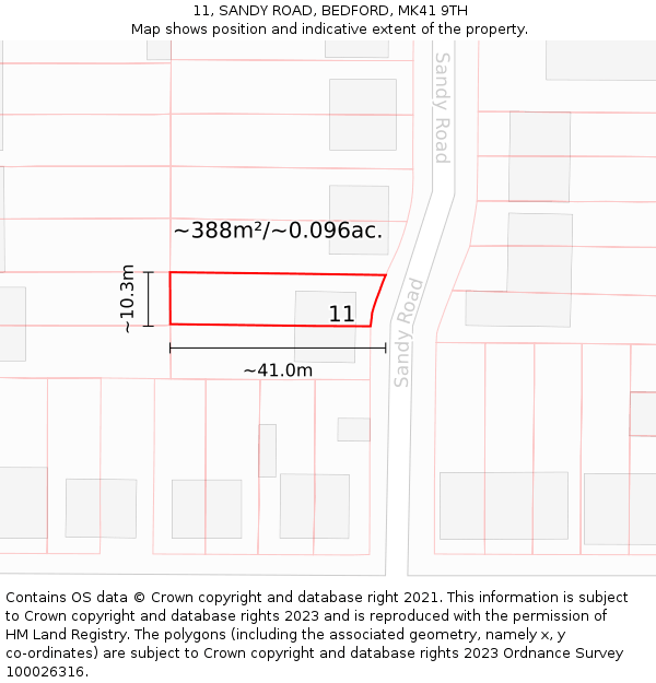 11, SANDY ROAD, BEDFORD, MK41 9TH: Plot and title map