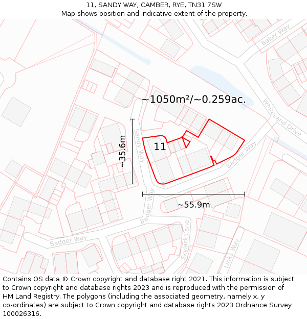 11, SANDY WAY, CAMBER, RYE, TN31 7SW: Plot and title map
