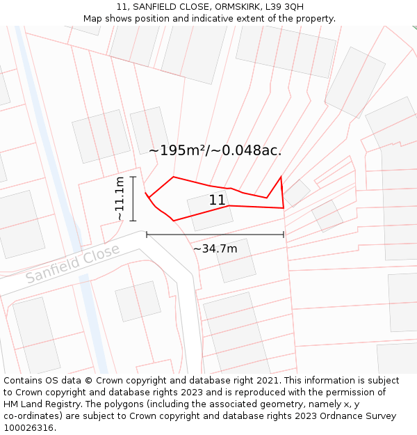 11, SANFIELD CLOSE, ORMSKIRK, L39 3QH: Plot and title map