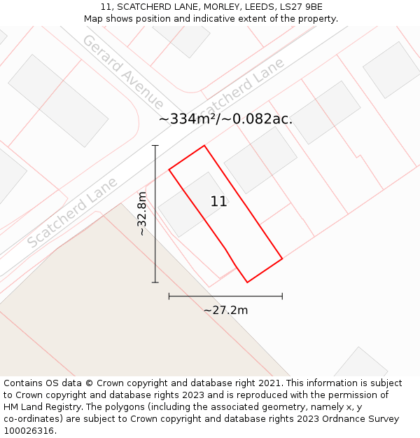11, SCATCHERD LANE, MORLEY, LEEDS, LS27 9BE: Plot and title map