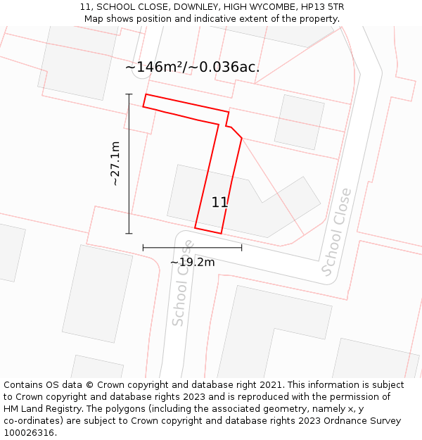 11, SCHOOL CLOSE, DOWNLEY, HIGH WYCOMBE, HP13 5TR: Plot and title map