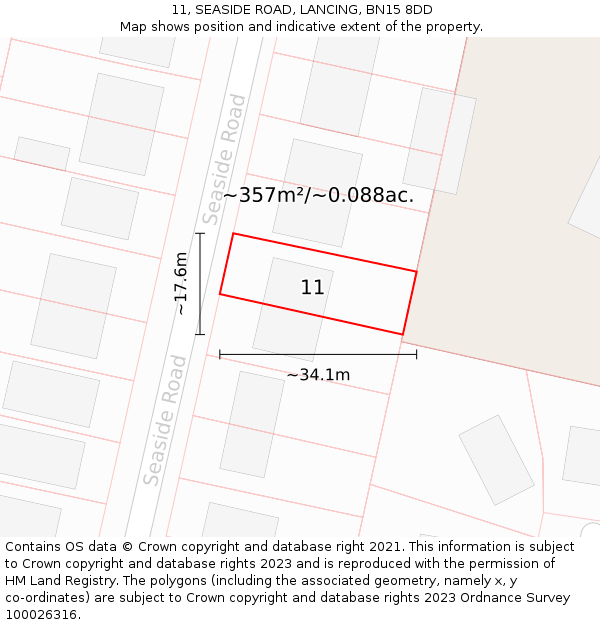 11, SEASIDE ROAD, LANCING, BN15 8DD: Plot and title map