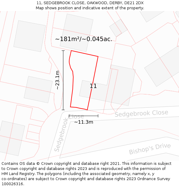 11, SEDGEBROOK CLOSE, OAKWOOD, DERBY, DE21 2DX: Plot and title map