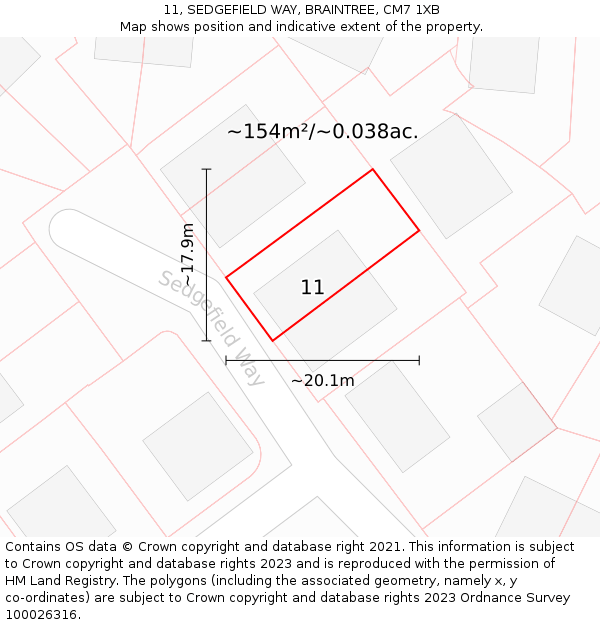 11, SEDGEFIELD WAY, BRAINTREE, CM7 1XB: Plot and title map
