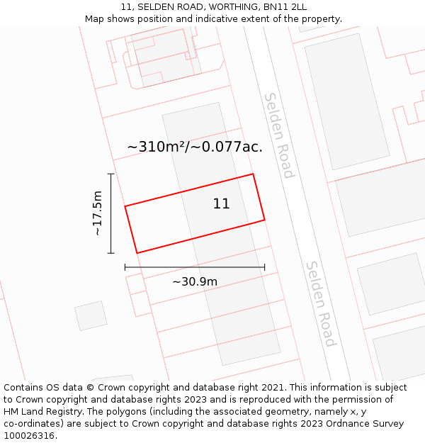 11, SELDEN ROAD, WORTHING, BN11 2LL: Plot and title map