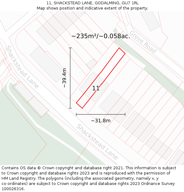 11, SHACKSTEAD LANE, GODALMING, GU7 1RL: Plot and title map