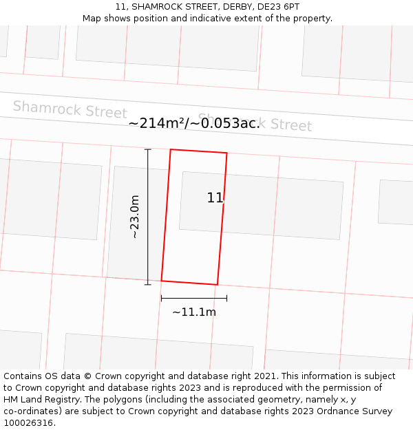 11, SHAMROCK STREET, DERBY, DE23 6PT: Plot and title map