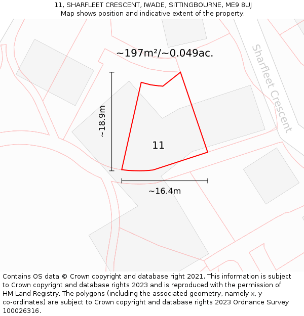 11, SHARFLEET CRESCENT, IWADE, SITTINGBOURNE, ME9 8UJ: Plot and title map