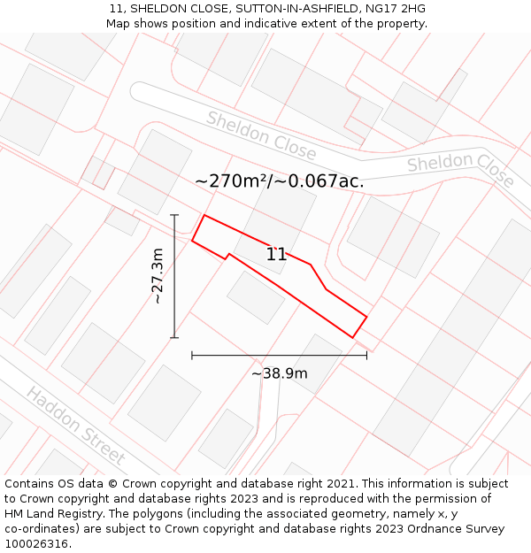 11, SHELDON CLOSE, SUTTON-IN-ASHFIELD, NG17 2HG: Plot and title map