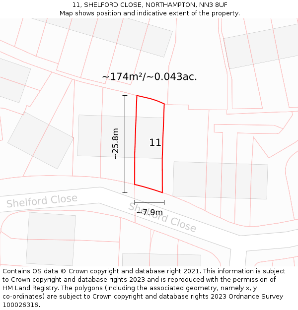 11, SHELFORD CLOSE, NORTHAMPTON, NN3 8UF: Plot and title map