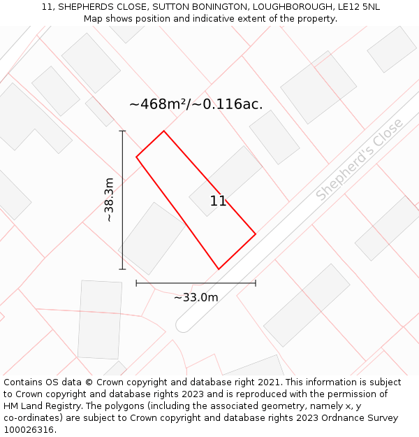 11, SHEPHERDS CLOSE, SUTTON BONINGTON, LOUGHBOROUGH, LE12 5NL: Plot and title map