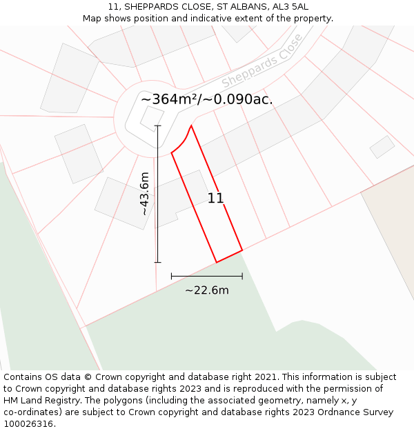 11, SHEPPARDS CLOSE, ST ALBANS, AL3 5AL: Plot and title map