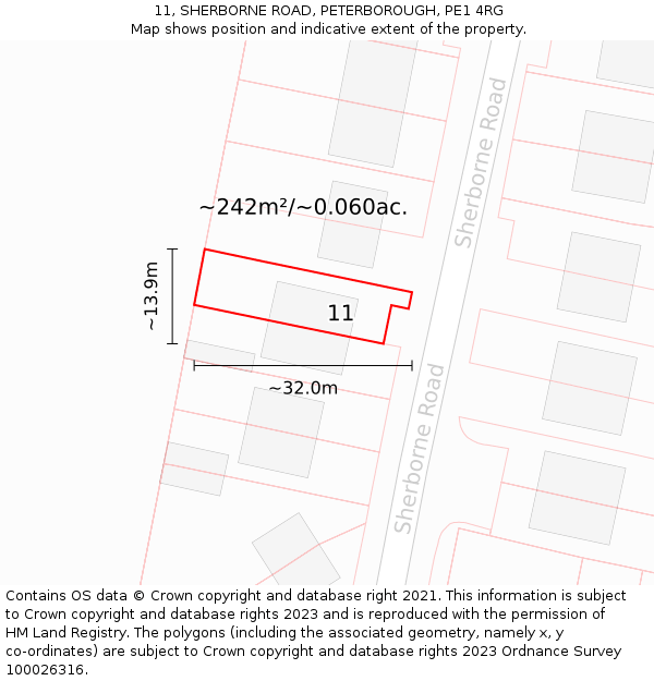 11, SHERBORNE ROAD, PETERBOROUGH, PE1 4RG: Plot and title map