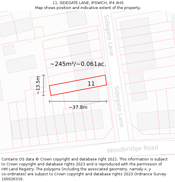 11, SIDEGATE LANE, IPSWICH, IP4 4HS: Plot and title map