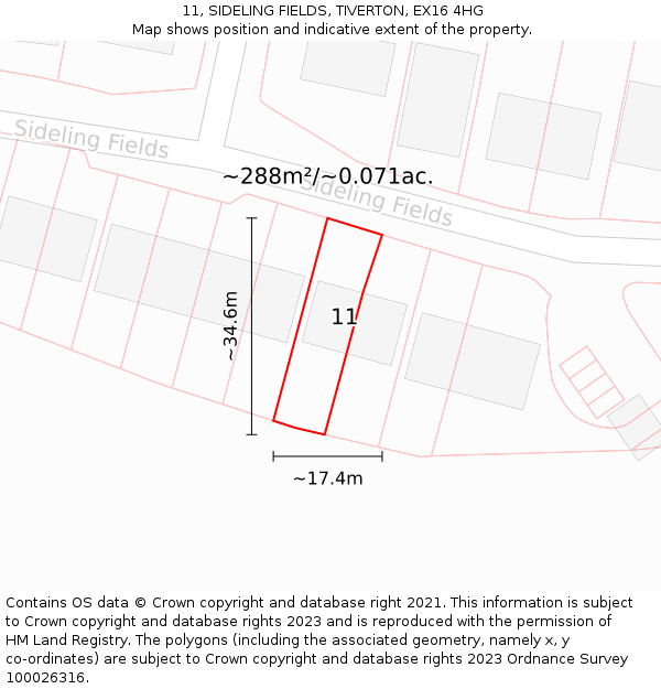 11, SIDELING FIELDS, TIVERTON, EX16 4HG: Plot and title map