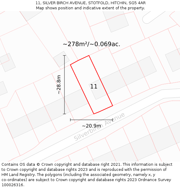 11, SILVER BIRCH AVENUE, STOTFOLD, HITCHIN, SG5 4AR: Plot and title map
