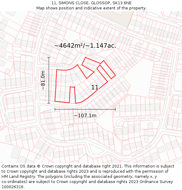 11, SIMONS CLOSE, GLOSSOP, SK13 6NE: Plot and title map