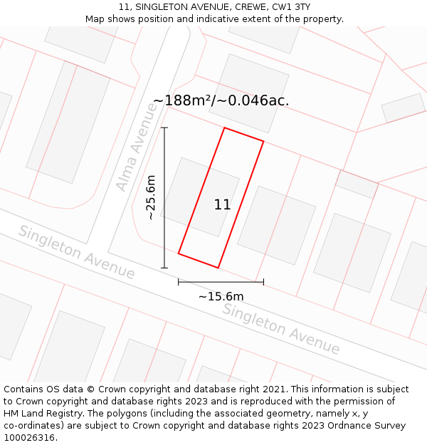 11, SINGLETON AVENUE, CREWE, CW1 3TY: Plot and title map
