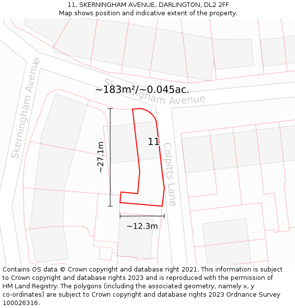 11, SKERNINGHAM AVENUE, DARLINGTON, DL2 2FF: Plot and title map