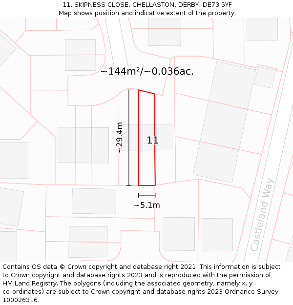 11, SKIPNESS CLOSE, CHELLASTON, DERBY, DE73 5YF: Plot and title map