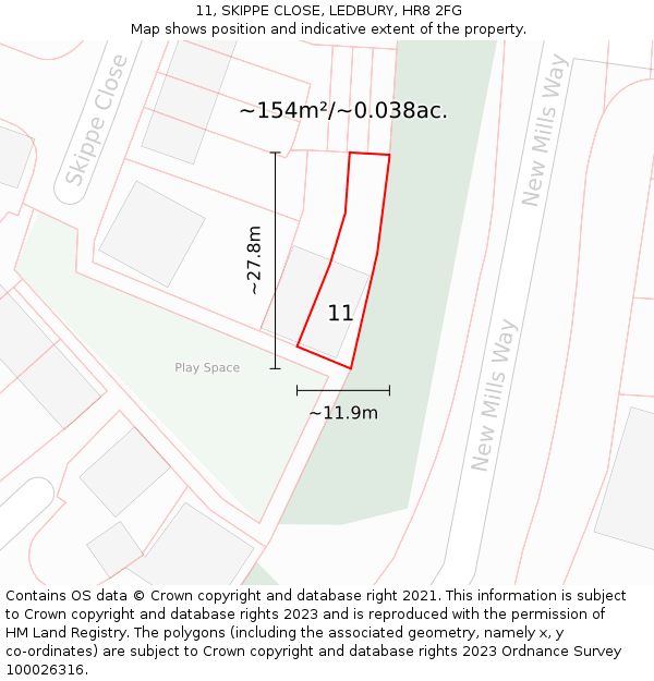 11, SKIPPE CLOSE, LEDBURY, HR8 2FG: Plot and title map