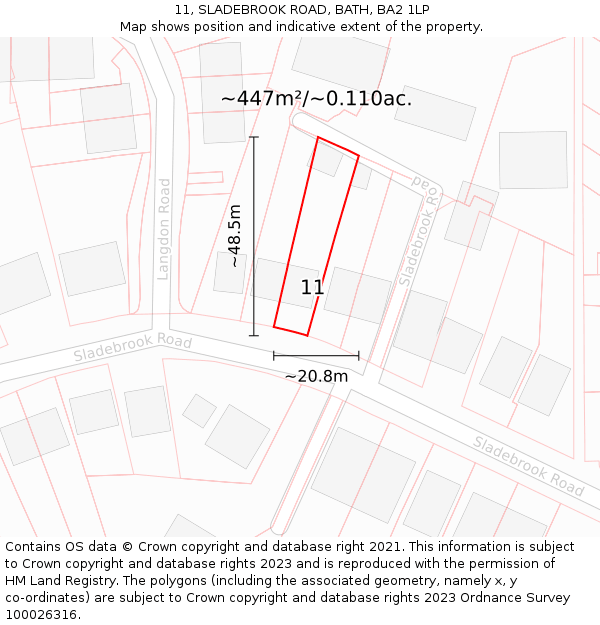 11, SLADEBROOK ROAD, BATH, BA2 1LP: Plot and title map