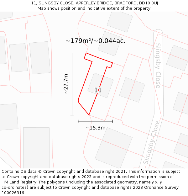 11, SLINGSBY CLOSE, APPERLEY BRIDGE, BRADFORD, BD10 0UJ: Plot and title map