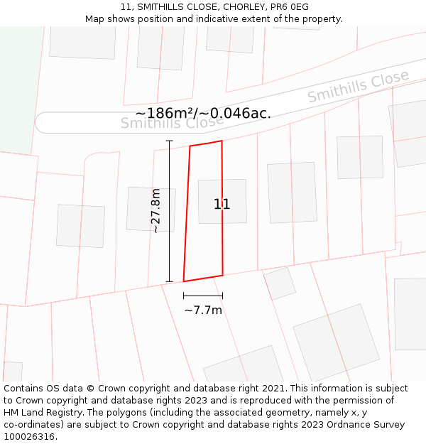 11, SMITHILLS CLOSE, CHORLEY, PR6 0EG: Plot and title map
