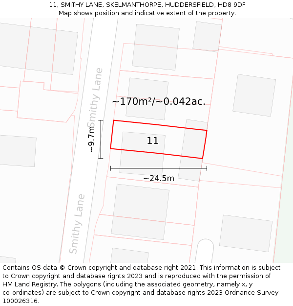 11, SMITHY LANE, SKELMANTHORPE, HUDDERSFIELD, HD8 9DF: Plot and title map