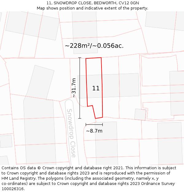 11, SNOWDROP CLOSE, BEDWORTH, CV12 0GN: Plot and title map