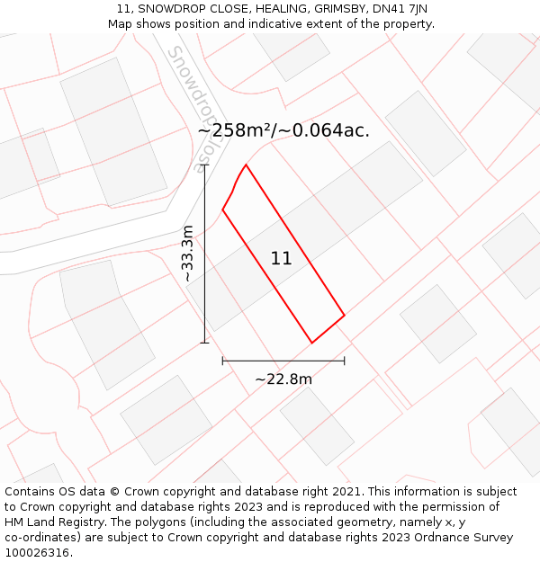 11, SNOWDROP CLOSE, HEALING, GRIMSBY, DN41 7JN: Plot and title map