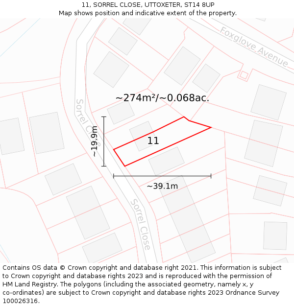 11, SORREL CLOSE, UTTOXETER, ST14 8UP: Plot and title map