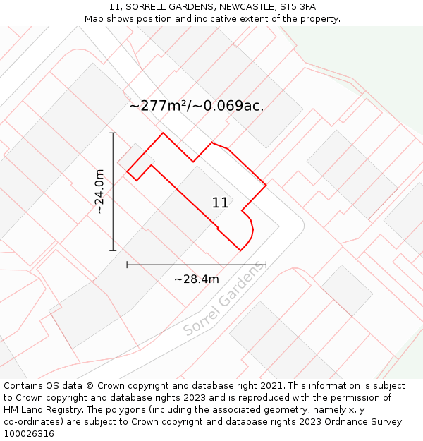 11, SORRELL GARDENS, NEWCASTLE, ST5 3FA: Plot and title map
