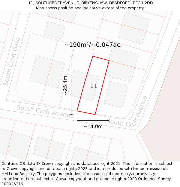 11, SOUTHCROFT AVENUE, BIRKENSHAW, BRADFORD, BD11 2DD: Plot and title map