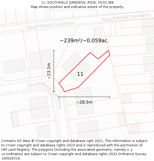 11, SOUTHFIELD GARDENS, RYDE, PO33 3EE: Plot and title map