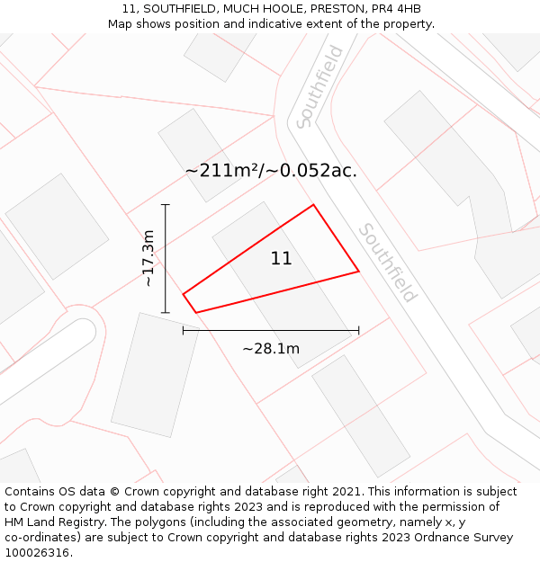 11, SOUTHFIELD, MUCH HOOLE, PRESTON, PR4 4HB: Plot and title map