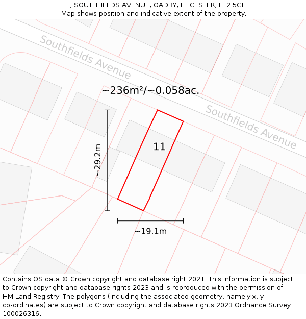 11, SOUTHFIELDS AVENUE, OADBY, LEICESTER, LE2 5GL: Plot and title map