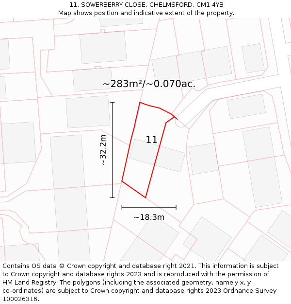 11, SOWERBERRY CLOSE, CHELMSFORD, CM1 4YB: Plot and title map