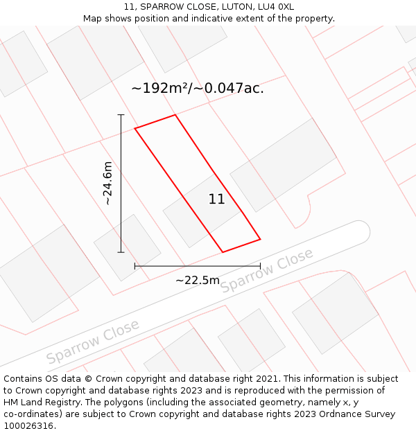 11, SPARROW CLOSE, LUTON, LU4 0XL: Plot and title map