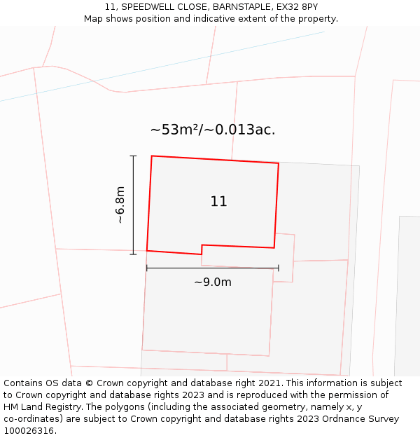 11, SPEEDWELL CLOSE, BARNSTAPLE, EX32 8PY: Plot and title map
