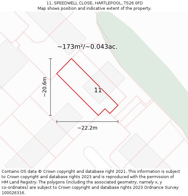 11, SPEEDWELL CLOSE, HARTLEPOOL, TS26 0FD: Plot and title map