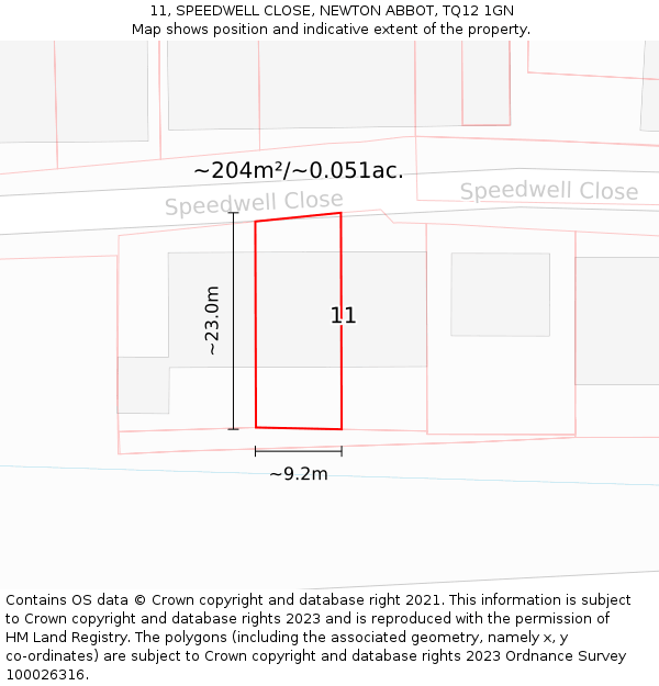 11, SPEEDWELL CLOSE, NEWTON ABBOT, TQ12 1GN: Plot and title map