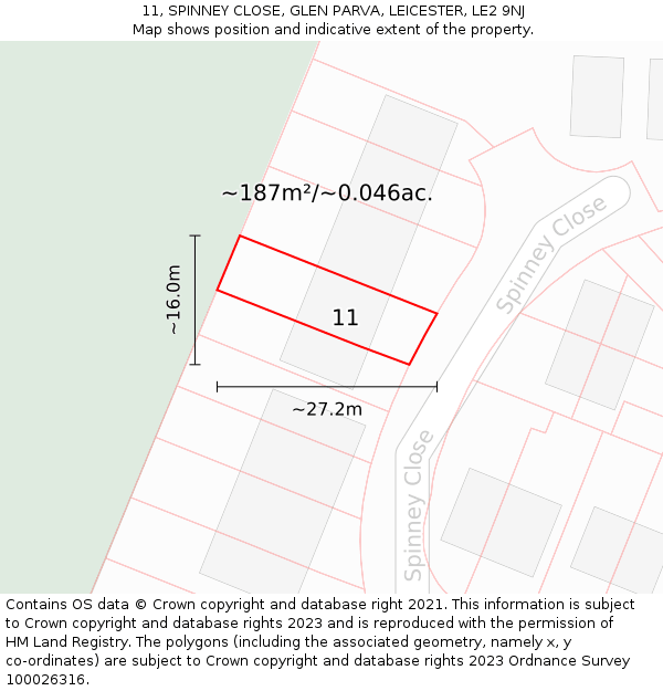 11, SPINNEY CLOSE, GLEN PARVA, LEICESTER, LE2 9NJ: Plot and title map