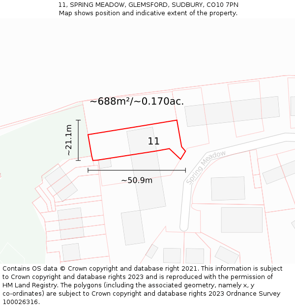 11, SPRING MEADOW, GLEMSFORD, SUDBURY, CO10 7PN: Plot and title map