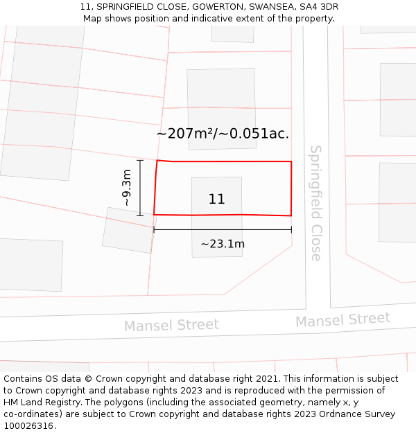 11, SPRINGFIELD CLOSE, GOWERTON, SWANSEA, SA4 3DR: Plot and title map