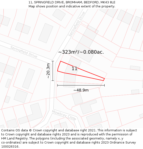 11, SPRINGFIELD DRIVE, BROMHAM, BEDFORD, MK43 8LE: Plot and title map