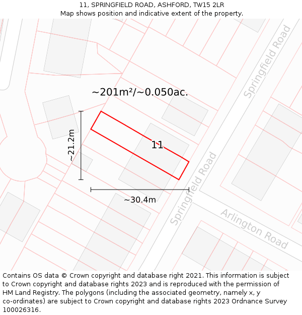 11, SPRINGFIELD ROAD, ASHFORD, TW15 2LR: Plot and title map