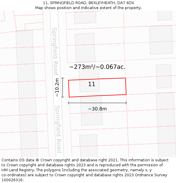 11, SPRINGFIELD ROAD, BEXLEYHEATH, DA7 6DX: Plot and title map